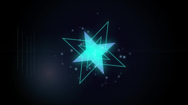Glowing abstract star shape transforms on a dark digital background with network points animation