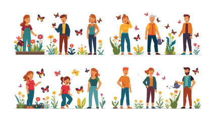 Fototapeta premium Butterflies and Blooms: A vibrant collection of people of all ages enjoying the beauty of nature, interacting with colorful butterflies and blooming flowers in a garden setting.