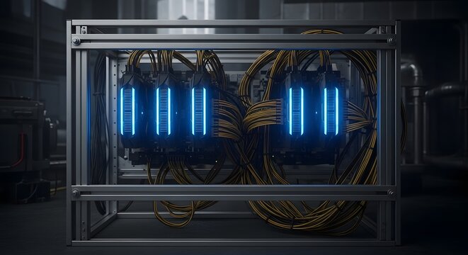 Gpu mining rig in metal frame with illuminated graphics cards and yellow cables