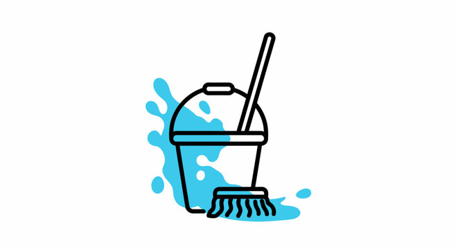 Icon of a cleaning bucket with mop and water splash.