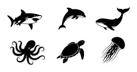 Ocean Wildlife Vector Icons: Shark, Dolphin, Whale, Octopus, Turtle, Jellyfish Set, Marine Creatures Silhouette Collection for Aquatic Design © Mouri