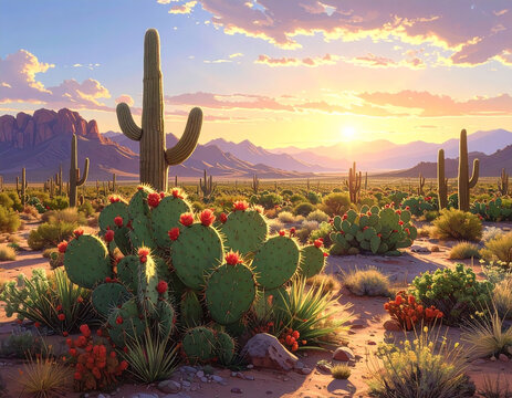 Paysage d&eacute;sertique avec des cactus au coucher du soleil