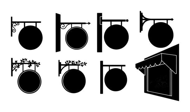 Vintage Signage Collection, Round Shop Signs, Ornate Brackets, Business Facade Elements, Black Vector Icons for Commerce