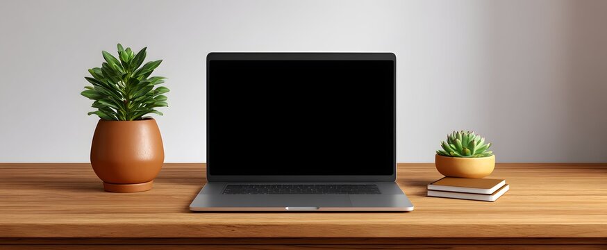 The modern office workspace is a calm sea with a sleek laptop notebook and succulent.