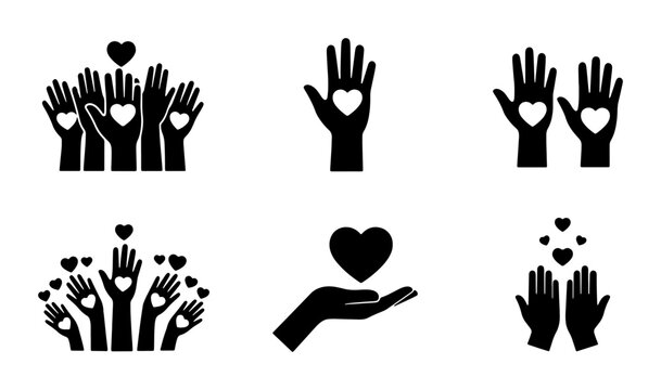 Set of 6 Vector Icons: Hands with Hearts, Love, Care, Support, Charity, Kindness, Giving, Generosity, Community, Unity, Human Connection, Help, Assistance, Empathy, Compassion, Friendship