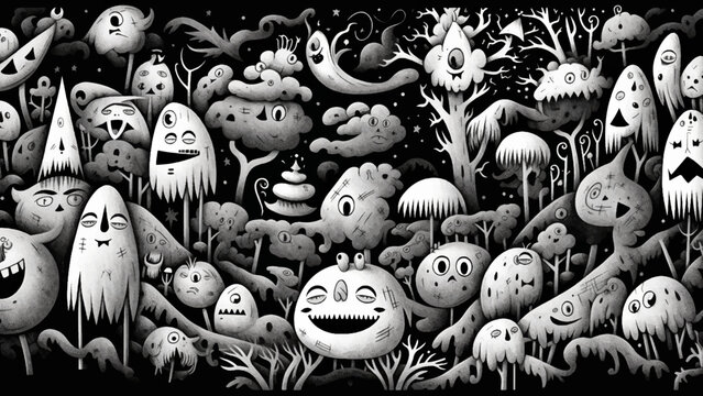 Black and white cute creepy psych surreal forest vector background, linotype style with cute and weird characters