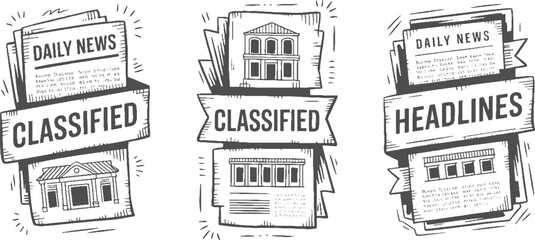 Naklejka premium Three newspaper sections with headlines daily news classified and headlines featuring architectural