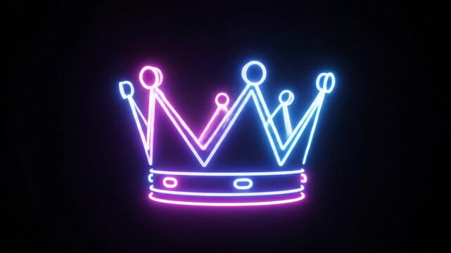 Neon crown graphic, vibrant glowing symbol of royalty, against a dark black background, digital illustration