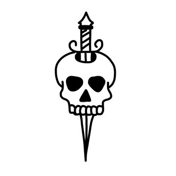 Hand drawn minimalist skull with dagger doodle icon