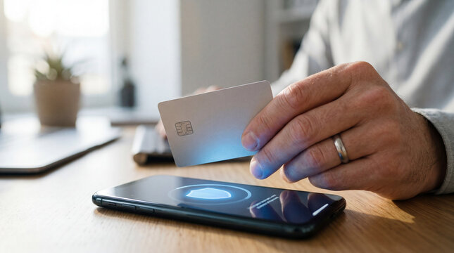 A person making a contactless payment with a credit card and smartphone