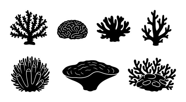 Diverse Coral Silhouettes Collection, Marine Life Icons, Underwater Ecosystem Elements, Ocean Biology Vector Set