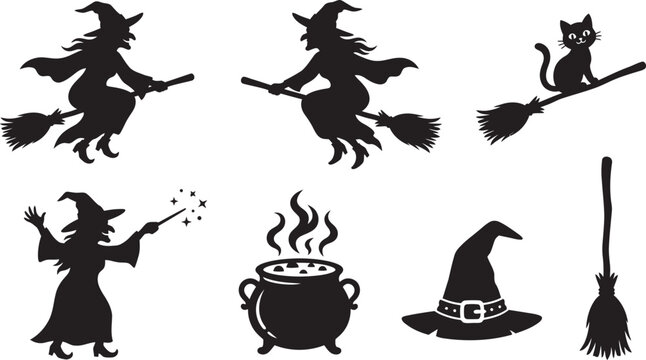 Witch silhouettes with broom cat and cauldron on a white background