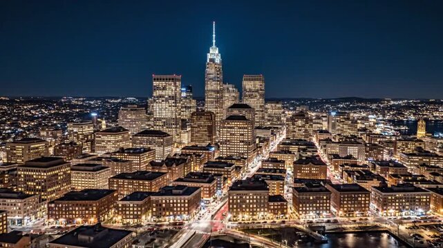Aerial view of a vibrant cityscape at night with towering skyscrapers illuminated and riverfront