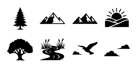 Nature Icons Set: Pine Tree, Mountains, River, Sun Landscape, Oak Tree, Bird in Flight, Clouds. Vector Graphics for Outdoor Themes. © Rupali