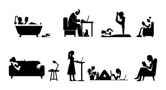 Silhouette Icons: Relaxing Activities, Home Life, and Work from Home, Vector Set