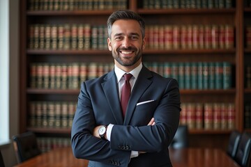 Fototapeta premium Confident Male Attorney Stands in Office, Arms Crossed, Surrounded by Books and Legal Banners