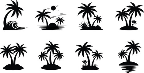 Fototapeta premium Tropical Island Silhouette Set Featuring Palm Trees, Ocean Waves, Sunset Scenes, and Exotic Beach Landscape Elements Collection Design