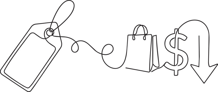 Discount shopping icons, price tag, shopping bag, dollar sign, sale symbol, black line art
