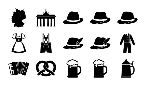 German Oktoberfest Icons Set: Traditional Bavarian Culture, Beer, and Symbols Vector Collection for Festive Design
