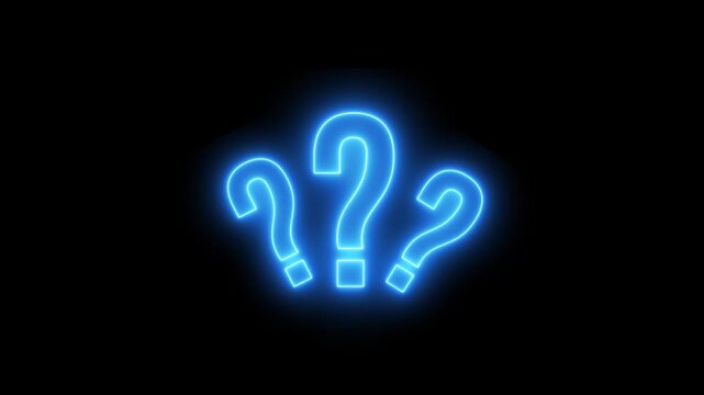 Animation of question marks. Neon, blue question marks on a black background. 4K