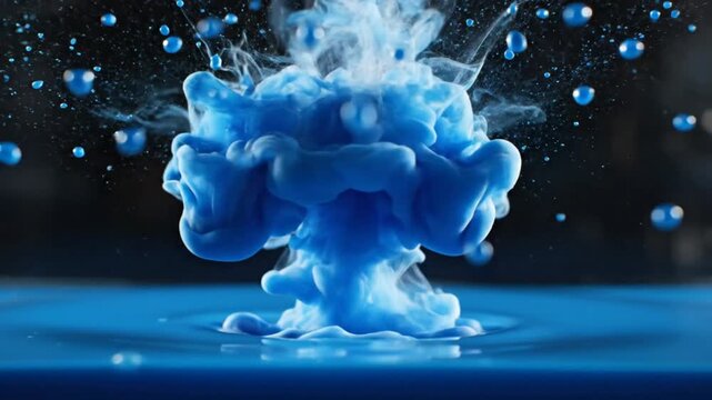 Mesmerizing slow motion capture of a blue liquid droplet colliding with a pool creating an explosive cloud