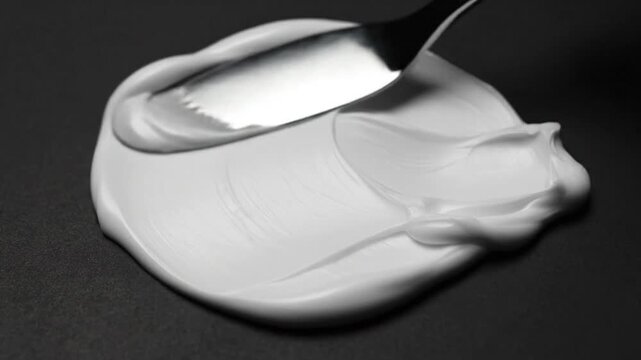 Close-up of a Spatula Spreading White Cream on a Textured Black Surface, Creating Swirls