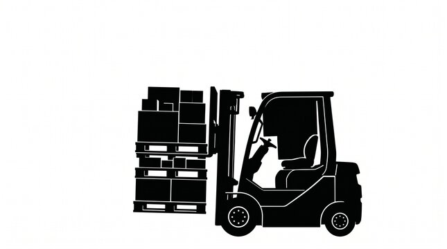Black silhouette of a forklift truck carrying a stack of cardboard boxes on wooden pallets