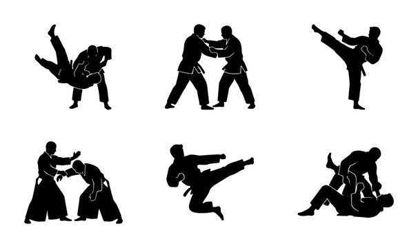 Martial Arts Silhouettes: Dynamic Combat Poses, Judo Grappling, Karate Kicks, Aikido Throws, Fight Action, Sports Training, Vector Art