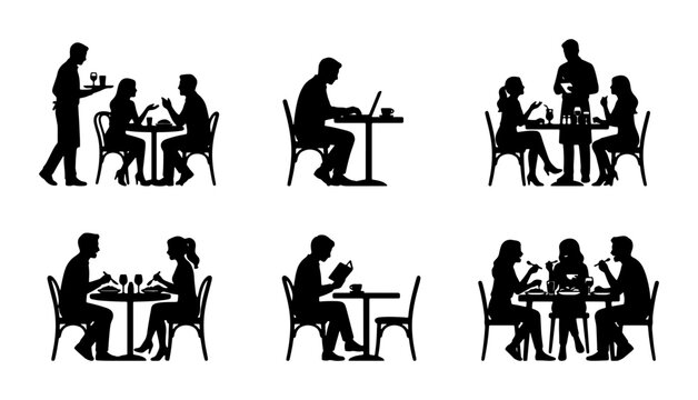 Restaurant Silhouettes: Diverse Dining Scenes, Waiter Service, Couple Conversations, Solo Dining, Group Meals, Vector Icons for Hospitality and Food Service