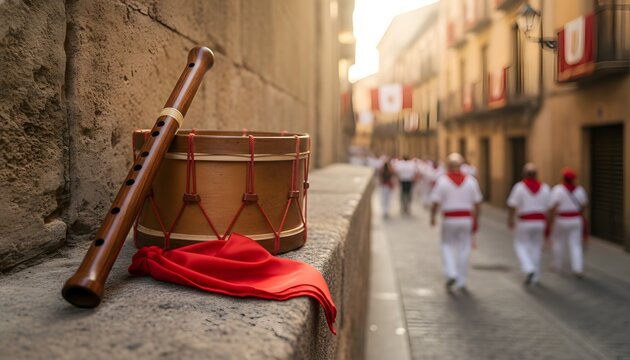 Traditional music flute and drum resting on a wall in the Pamplona streets during the San Fermin festival celebration for a Spanish heritage and local folklore concept