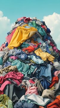 A large mound of colorful used clothes sits in the open air at a recycling facility with a clear blue background