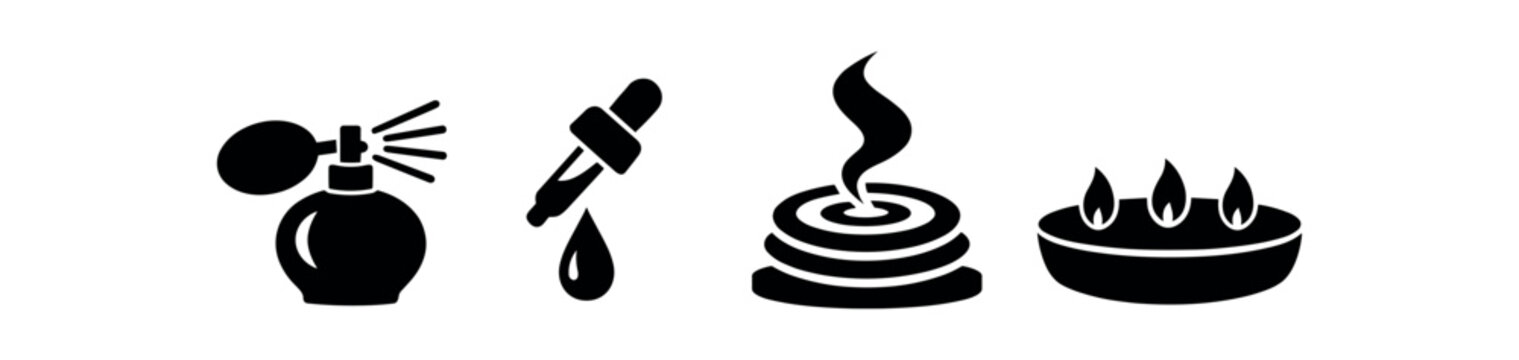 Fragrance and scent icon set. perfume atomizer, pipette dropper, incense coil, tealight candles, aroma, essential oil, diffuser. flat vector icon set.