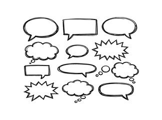 Fototapeta premium Speech bubble doodles icon set. hand drawn speech and thought bubbles, comic bursts, chat frames, sketch style. line vector illustration.
