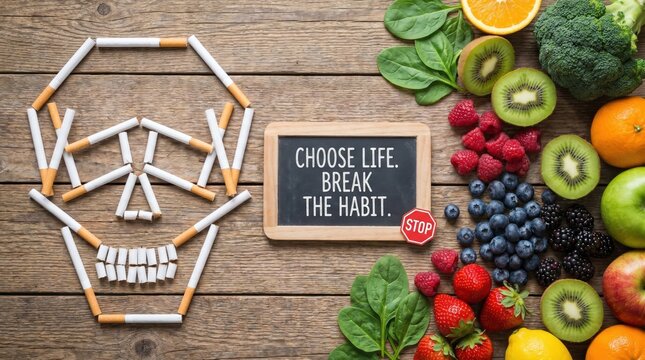 Creative skull made from cigarettes surrounded by healthy fruits and vegetables representing the deadly effects of smoking versus healthy eating.