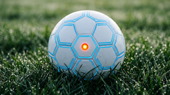 High Tech Smart Soccer Ball with Glowing Sensors on Grass Field