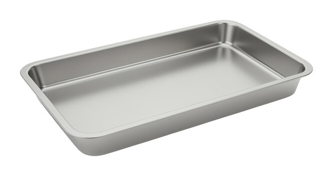 Empty silver baking dish on white background
