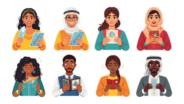 Diverse Individuals Engaged in Reading: A collection of eight diverse individuals, each from different cultural backgrounds and ethnicities, are depicted holding books.