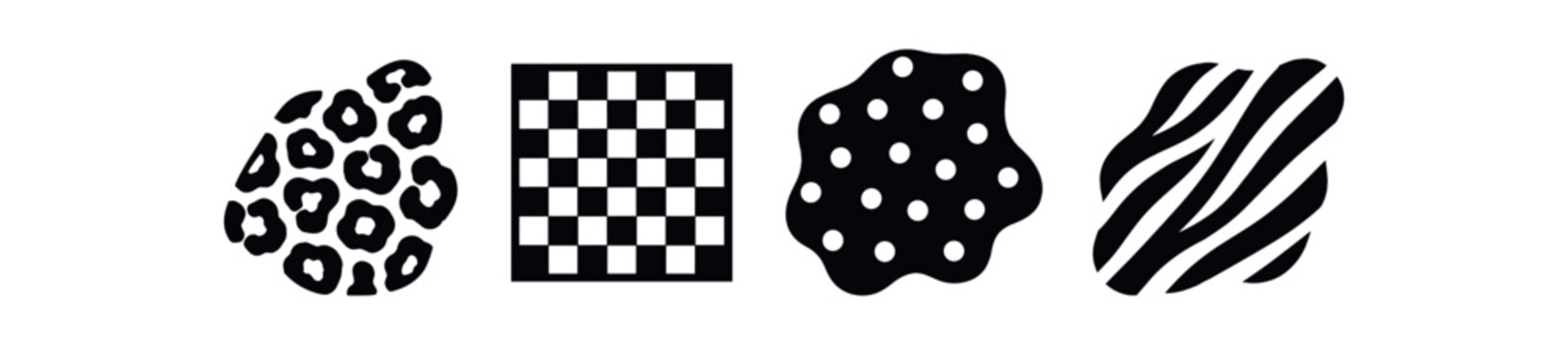 Black pattern swatches icon set. leopard spots, checkerboard, polka dot blotch, zebra stripes, textile and surface textures in silhouette. flat vector illustration.