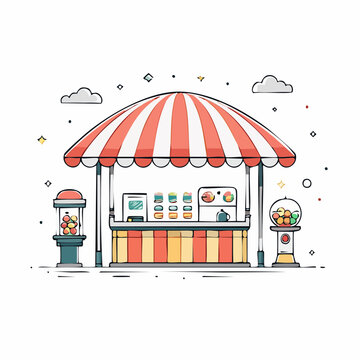 Cartoon illustration of a colorful food stall with gumball machines