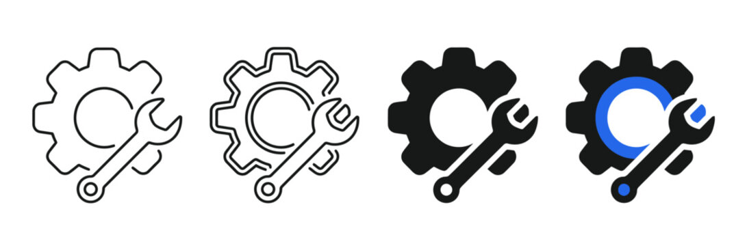 Settings Configuration Vector Icon Sheet Collection &ndash; Modern Gear Wrench Maintenance Repair System Tools Engineering and Technical Support Icons Set for UI UX Design