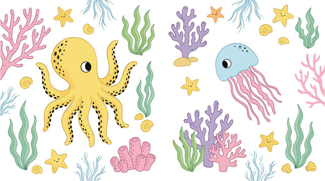 Cute sea life vector set featuring yellow octopus jellyfish starfish and colorful coral reef elements for children nursery wall art and underwater nature design concepts.