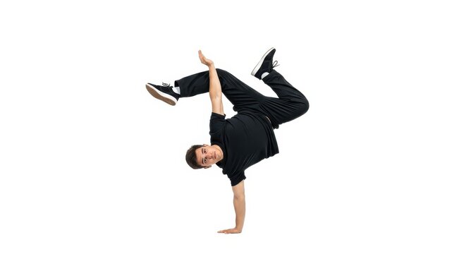 Young Man Performing Breakdance Move on White Background