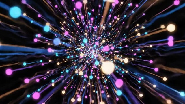 Abstract particle explosion animation with colorful glowing dots and flowing energy trails against a dark background