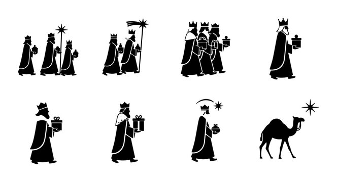 Three Wise Men Nativity Icons, Magi Christmas Symbols, Religious Figures, Star, Camel, Vector Set