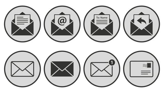 Collection of eight round email and message envelope icons.