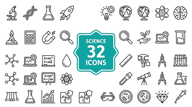 Set of 32 science and technology thin line icons for education.