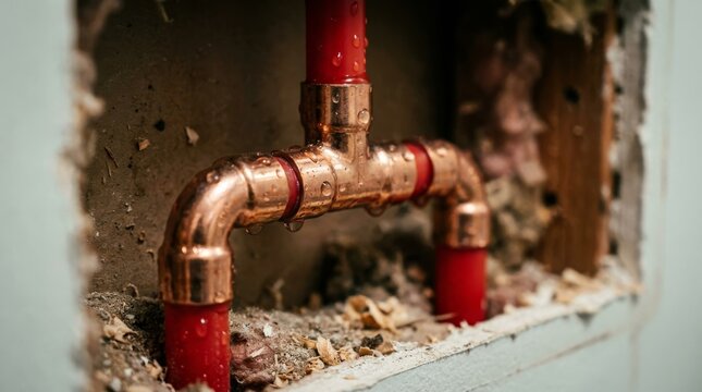 Copper pipe fittings with red PEX tubing in wall cavity