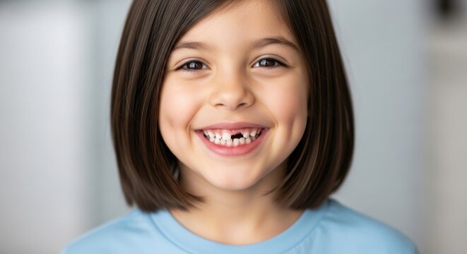 Young girl with a bright smile and missing tooth