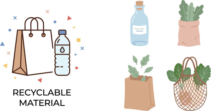 Recyclable material vector icons set featuring paper shopping bag, plastic water bottle, glass jar, eco mesh bag with fresh vegetables for sustainable lifestyle and environmental protection concept.