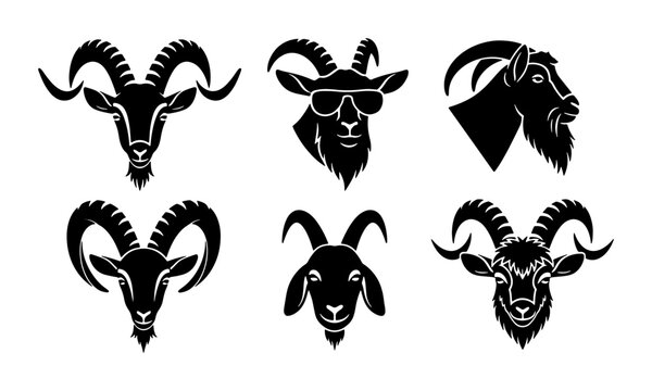 Vector Goat Head Icons Set, Black Silhouette Animal Graphics, Farm Livestock and Mascot Symbols, Stylized Ram and Billy Goat Faces Collection